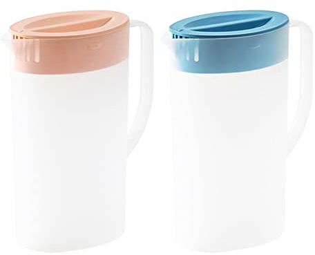 2X Pichet en Plastique pour Réfrigérateur, 2L Pichet à Jus avec Couvercle, Carafe à Eau avec Poignée, Pichet à thé, Pichet d'eau pour Thé Glacé, Jus, Limonade, Lait, Boissons Froides ou Chaudes