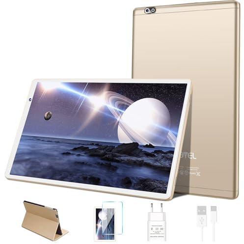 FACETEL Tablet 10 Pulgadas Android Tablet Octa-Core 14RAM + 128ROM (TF 1TB), WiFi, 8000mAh, 5MP + 8MP, Pantalla HD IPS, Bluetooth, Widevine L1, Tablets con Funda - Cuerpo de Metal Oro