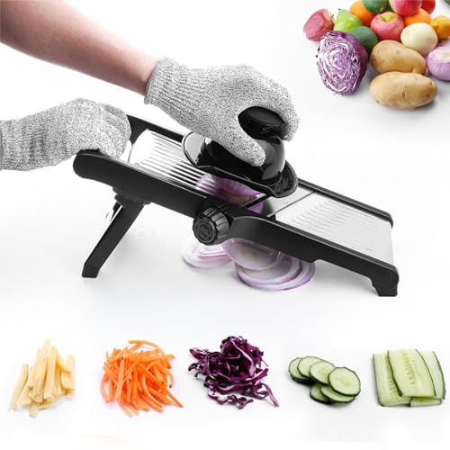 Adjustable Mandoline Slicer, Professional Stainless Steel Food Vegetable Chopper Multi Functional Kitchen Mandolines Julienne Cutter for Potato Cabbage Onion Fruits, with Gloves and Cleaning Brush