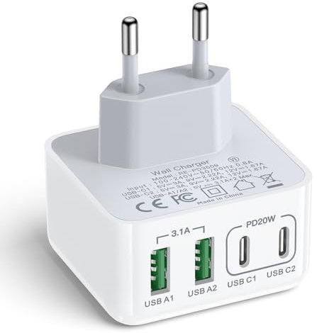 Chargeur USB C, 40W 4 Port Prise USBC Chargeur Rapide Multi Secteur Double Port PD+QC Type C Adaptateur pour Phone 16 15 14 13 12 11 Pro Max X XS XR 8 7 6S Plus Mini SE, iPad, Samsung Galaxy