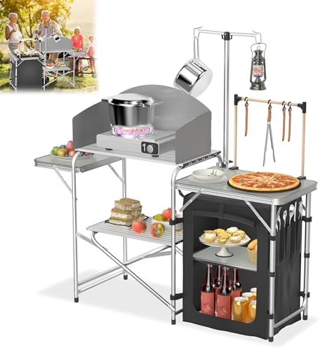 YRHome Klappbarer Campingschrank Campingküche Camping-Küchentisch Küchenschrank mit 3 Arbeitsplatten, Lichtständer, Abnehmbarer Windschutzscheibe & Tragetasche für Camping Strand Reisen