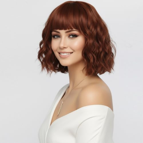 SIMKAYLEE kort vågig rödbrun peruk med lugg damer kort auburn peruker för kvinnor lockig medellång bob peruk kastanjeröda lockar för karneval party halloween cosplay (30 cm)