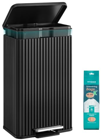 SONGMICS Kitchen Bin, 13 Gallon (50 L) Waste Bin with Pedal, Soft-Close Lid, and Removable Inner Bucket, Steel, 15 Rubbish Bags (Code K) Included, Ink Black LTB586BZ02