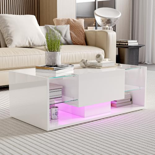 DADEA vitt LED-soffbord 1 låda 100 x 50 x 35 cm modern vardagsrumsmöbel lätt att montera