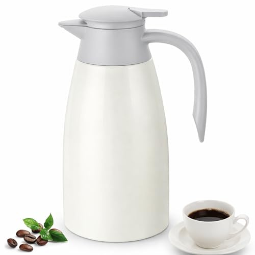 Osrioal 2L Thermal Coffee Pot, Stainless Steel Insulated Coffee Carafe with Press Button Top, Double-Walled Vacuum Jug, for Hot and Cold Drinks, Tea, Water, Beverage, White