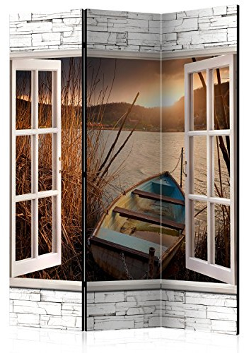 RAUMTEILER/PARAVENT B&D XXL Raumteiler Fensterblick Fenster Landschaft Foto Paravent 135x172 cm beidseitig auf Vlies-Leinwand Bedruckt Trennwand Spanische Wand Sichtschutz Raumtrenner grau braun
