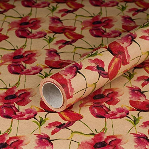 Geschenkpapier Mohnblüten, Vintage, Kraftpapier, Geburtstagspapier, 0,70 x 10 m