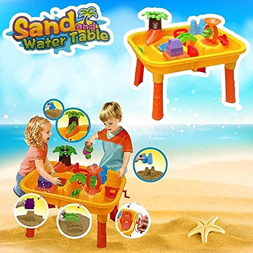 DRULINE Sand & Wasser Spieltisch Spielzeug Sandspieltisch Wasserspieltisch Buddeltisch Zubehör 2IN1inkl.Kinder Sandspielzeug ab 3 Jahren 67x42x39 cm (Gelb/Orange) 24 TLG