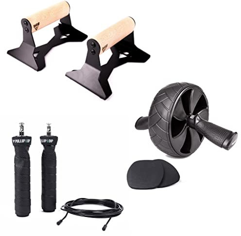 PULLUP & DIP Fitness Equipment Set - Liegestützgriffe mit ergonomischem Holz Griff, Bauchroller mit Kniematten, Fitness Springseil mit Profi Kugellager für Zuhause, Homeworkout Set