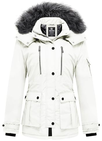 Wantdo Femme Manteaux Chaude Doublure Polaire Veste d'Extérieur d'hiver | Imperméable,Coupe-Vent,Nombreuses Poches,Capuche en Fausse Fourrure Amovible,Taille Réglable,Automne,Printemps et Hiver