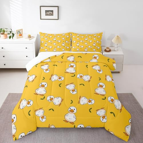 Cartoon Duck Comforter Set for Child Toddler,Cute White Goose Bedding Set Twin,Kawaii Farmhouse Animal Duvet Insert for Kids Gift,Lovely Country Duck Down Comforter with 1 Pillow Sham Ultra Warm
