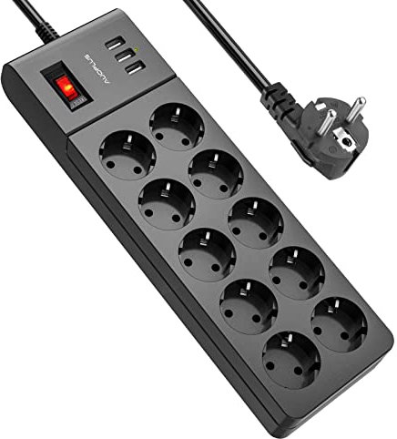 AUOPLUS Regletas Enchufes con USB Multiple con 10 Toma de Corriente y 3 USB Puertos,Regleta Inteligente con Proteccion Sobretension y Interruptores,Cable de 2M,4000W/16A,Negro
