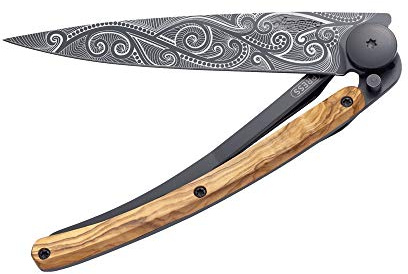 deejo – Klappbares Taschenmesser 37 g mit Gürtelclip – Griff aus Olivenholz, Klinge aus Edelstahl Z40C13 – Motiv Pazifik – Tischmesser, Wandern, Camping, Biwak