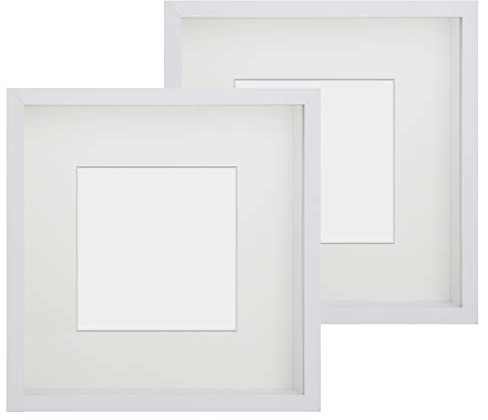 Anhow 2er 3D Bilderrahmen 23x23 cm, Echtglas 3D Bilderrahmen zum Befüllen 3cm Tiefer Objektrahmen mit Beige Passepartout Passend für 13x13 cm Fotos - Weiß