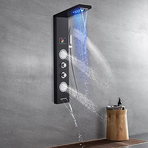 OUGOO Pannello doccia a LED senza batteria, colonna doccia con rubinetto e indicatore di temperatura, 5 modalità doccia (doccia a pioggia, cascata, getti massaggianti, doccetta e beccuccio vasca da