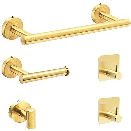 5 Piezas Montaje en Pared Acero Inoxidable Toallero de Baño Toallero 40cm Portarrollos Papel Higiénico Ganchos Set Accesorios Baño (Oro)