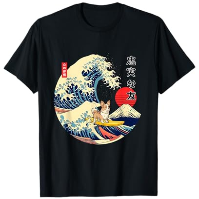 Tri Color Corgi Japonais Kanagawa Wave Surf Loyal Dog T-Shirt