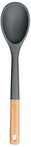 Large Silicone Cooking Spoons, Nonstick Solid Wooden Handle Spoon, Heat Resistan Silicone Kitchen Spoons for Cooking, Serving, Basting, Mixing, 13.2inch (Grey)
