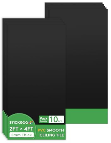 STICKGOO Black Ceiling Tiles 2ft x 4ft, Smooth PVC Ceiling Panel - Waterproof, Fire-Rated, No Breakage - Decor Coverings 24 x 48in - 10 Pack Cover 80 Sq. Ft