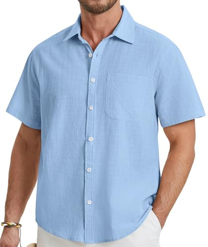 HISDERN Mens Short Sleeve Shirts Blue Linen Shirts for Men Casual Button Down Solid Color Shirt Lightweight Summer Beach Shirt with Pocke Regular Fit 3XL