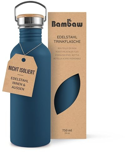 Bambaw Trinkflasche Edelstahl 750ml, Blaue Sportflasche, Nicht isolierte Wasserflasche, 750ml Edelstahlflasche, Wiederverwendbare Flasche, BPA-Frei Flask - Saphirblau