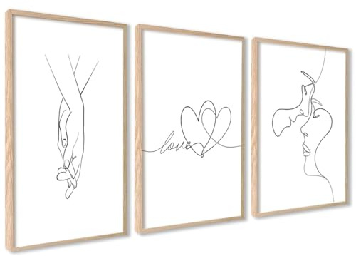 ag.art deco Set di 3 Quadri Moderni 30x40cm Cornice in Legno Design Moderno | Set Linea d'Amore, Decorazione da Parete, Legno MDF Robusto, per Soggiorno e Camera da Letto, Vetro Protettivo, Soggiorno
