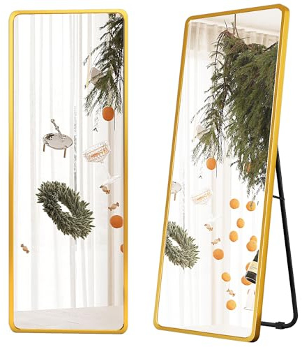 SDXYSTCE Stehspiegel Ganzkörper, Standspiegel Rechtecke，Großer Bodenspiegel für Wand Tür Schlafzimmer Bad Wohnzimmer mit Aluminiumrahmen，Gold