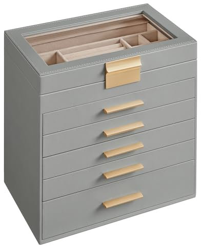 SONGMICS Scatola Portagioie, 6 Livelli, Coperchio in Vetro, 5 Cassetti, Porta Gioielli, Occhiali da Sole e Accessori Grandi, Moderno, Grigio Tortora e Dorato JBC171G01