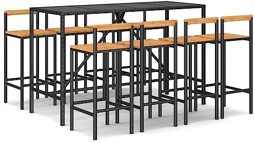 Makastle 9-teilig Gartenbar Set, Garten Sitzgruppe Essgruppe Stehtisch Barstühlen Gartenmöbel, Bartisch mit Barhocker Set für Garten Rasen, Schwarz Poly Rattan & Massivholz Akazie
