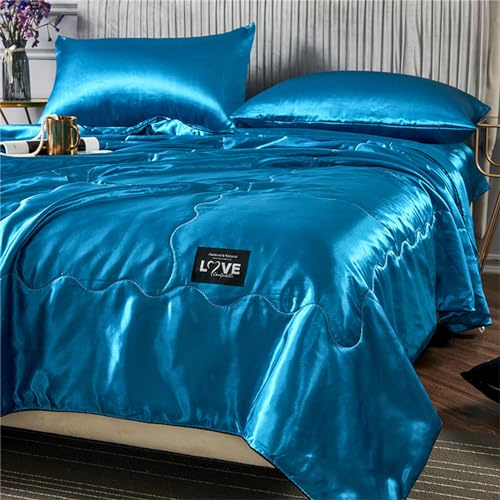 Chickwin Tagesdecke Bettüberwurf Satin, Solide Farbe Gesteppte Tagesdecken Sommer Wohndecke Weich Bettüberwürfe Sofa Überwurfdecke für Schlafzimmer Einzelbett Doppelbett (200x230cm,Dunkelblau)