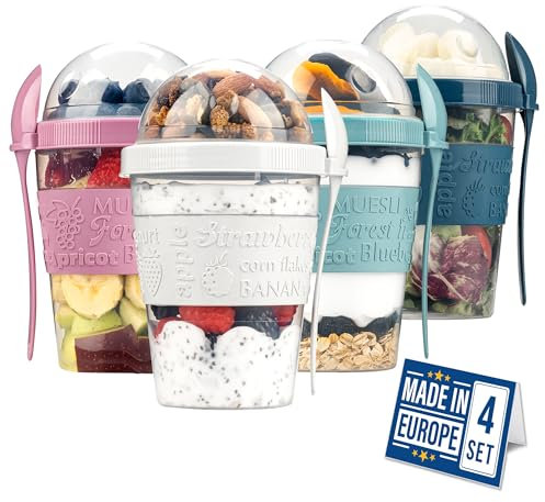 Crystalia Réutilisables Bol Muesli a Emporter Lot de 4 100% SANS BPA Yaourt to Go, Lave-Vaisselle, Boite Repas à Emporter Boite Yaourt Muesli to Go avec Cuillère et Couvercles Boîte à Déjeuner