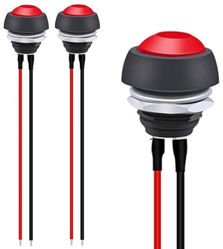 Oiyagai 10 Piezas de Interruptor de Botón Pulsador Momentáneo de 12mm SPST Agujero de Montaje de 1/2 Mini Redondo Impermeable Rojo con Cables Pre-soldados PBS-33B