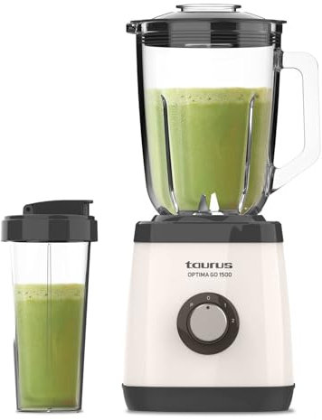 Taurus - Batidora de Vaso 1500 | 1500W | Vaso Portatil 500ml | Cuchillas 4 Filos | 2 Velocidades + Turbo | Acero Inoxidable | Antideslizante | Sistema de Seguridad