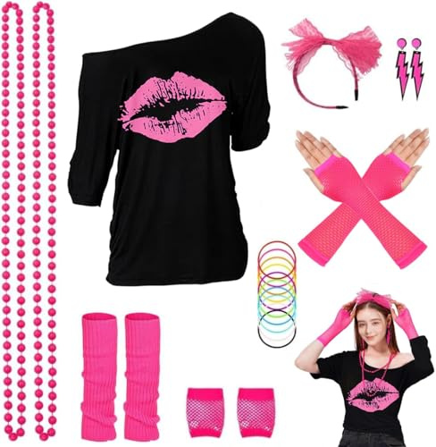 ELFIN 80er 90er Jahre Outfit Damen, T-Shirt, Stirnband, Ohrring, Halskette, Netzhandschuhe, Armband, Beinwärmer, 80er 90er Jahre Kostüm Aerobic Kleidung Mottoparty Accessoires Karneval, Schwarz-1, XL
