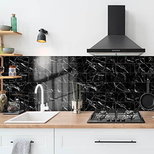 Credence Adhesive Pour Cuisine -Marbre Noir Salle De Bains Et Cuisine Stickers Carrelage, PVC Imperméable Credence Adhesive Décorative à Carreaux,Stickers Auto-Adhésif 48 Pièces(10x20cm)