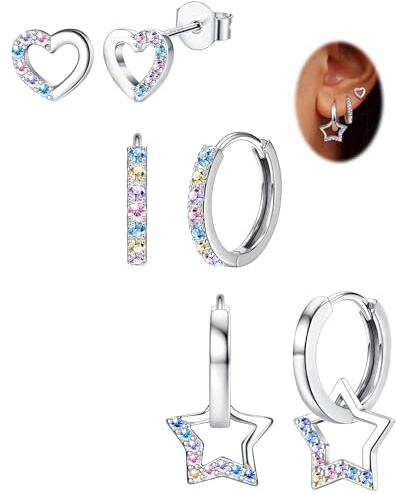 JeweBella Örhängen i flerpack, 3 par örhängen i 925 Sterling silver för kvinnor och tjejer, hypoallergena, med hjärta, stjärna och stift, örhängen i set för flera piercingar, Koppar