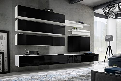 All4All Wohnwand Aida - Schrankwand Hängend - Anbauwand - Wohnzimmerschrank - Wohnzimmer - Wandschrank - Modern - Weiß Matt/Schwarz Hochglanz 21