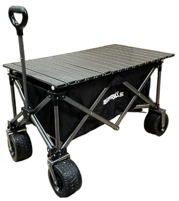 Suprills 160L Folding Festival Trolley, Folding Camping Garden Beach Trolley, Heavy Duty Shopping Trolley on Wheels, Collapsible Pull Along Wagon Cart with Wide Wheels, 120kg Capacity with Table Top
