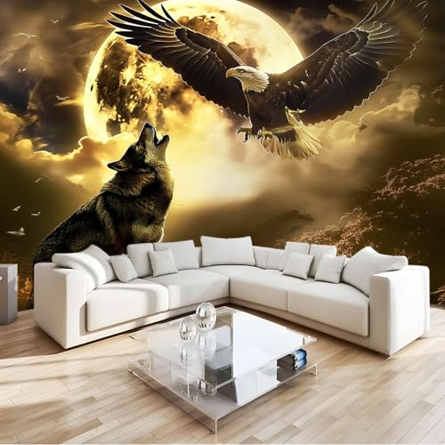 Papier Peint Panoramique Art Numérique Clair De Lune Aigle Loup 250 x 175 cm Poster Murale 3D, Tapisserie Photo Peinture Murale, Papier Peint Intissé Fresque pour Salon Chambre Toile Fond TV