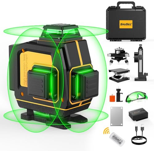 Laser Level 4D Self Leveling, SAVSEC 4x360 (Up to 37 Hours) Green Cross Line Lazer, 16 Lines Leveler Tool Rechargeable/Adjustable Brightness/Remote Control/Switchable for Home & Outdoor