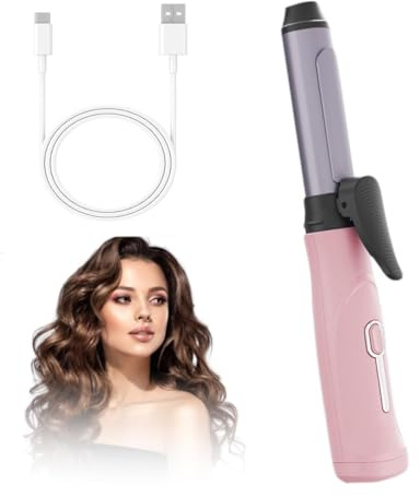 Mini Travle Curling Wand for Women, Mini Cordless Curling Iron for Short Hair, USB Rechargeable Ceramic Hair Curling Wand, 3 Temperature Levels Curling Tongs (Pink)