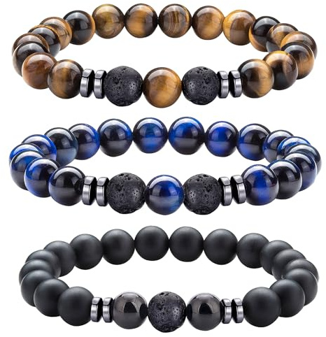 Mochity 3 pièces Bracelet Oeil De Tigre Pour Homme, 8mm Bracelet Homme Perles Pierre Naturelle, Réglables Bracelets Hommes, Cadeaux Pour Hommes (3PCS,D)