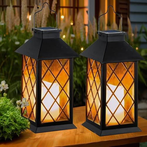 Joycome Lanterne da Esterno 2 Pezzi Lanterna Solare da Giardino con Candele Tremolante, Lampada Solari da Appendere Impermeabile Lampade da Tavolo per Arredo Terrazzo Balconi Decorazioni - Nero
