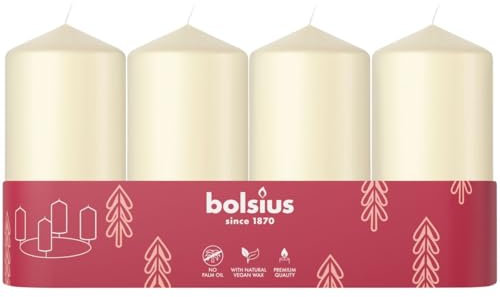 Bolsius - Set di 4 candele a colonna lisce – Avorio – 100 x 48 mm – Candele decorative – Lunga durata – Non profumate – Con cera vegetale naturale – Senza olio di palma
