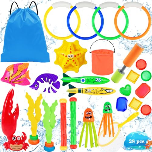 Abitoncc 28 PCS Swimming Pool Toys for Kids with Diving Rings,Torpedo, Gem, Dive Sticks and Foldable Bucket for Underwater Diving Toys Swimming Pool Sinkers for Kids