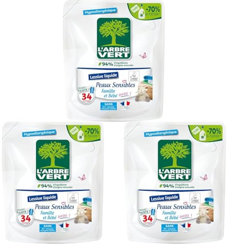 L'Arbre Vert Recharge Lessive Ecolabel Peaux Sensibles Famille Et Bébé Aussi ! - Hypoallergénique - 34 Lavages - 94% d'ingrédients d'origine naturelle - 1,53L (Lot de 3)