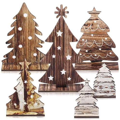 JOKILY Mini julgran av trä, 6 stycken mini träbordsskiva julgran, julleksaksset, avtagbara ornament juldekoration, dekorerad för julrum, bordsdekoration