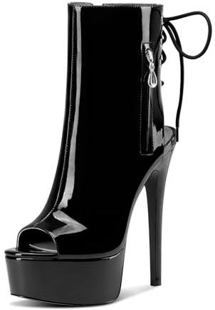 Castamere Femmes Aiguille Haut High Talon Heel Ouvert Bout Plate-forme Été Bottines Lacets Danse Party Dress Bottes 15 CM Heels Noir 37 EU
