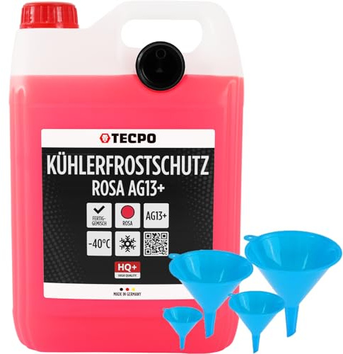TECPO Kühlerfrostschutz Antifreeze AG13+, 5 Liter mit Trichter Kühlmittel rosa rot -40 C° Auto Kühlflüssigkeit Gebrauchsfertig LOBRID-Technologie bis zu 5 Jahre Lebensdauer