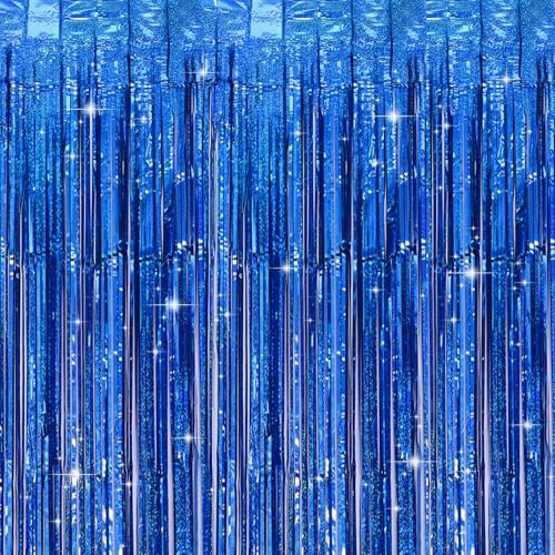 4 Stück Lametta Vorhang Blau, Glitzervorhang Lametta als Party Deko für Geburtstag, 1x2m Glitzer Vorhang Geburtstagsdeko Blau Lamettavorhang Folie Fransenvorhang für Hintergrund, Unterwasserwelt Deko
